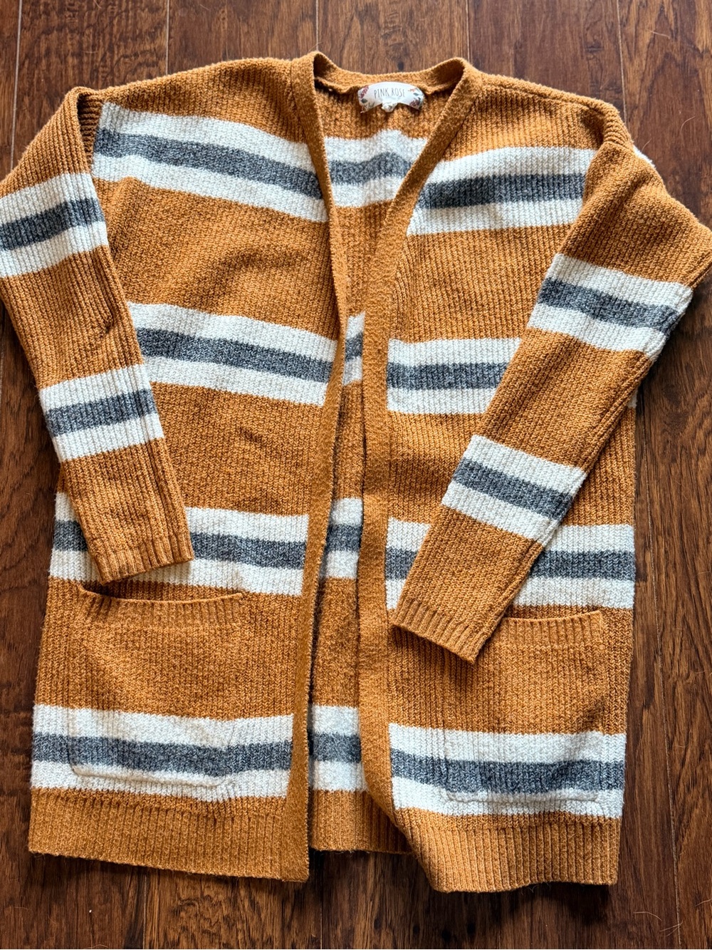 Pink Rose Striped Open-Front Cardigan in Mustard, Cream & Gray